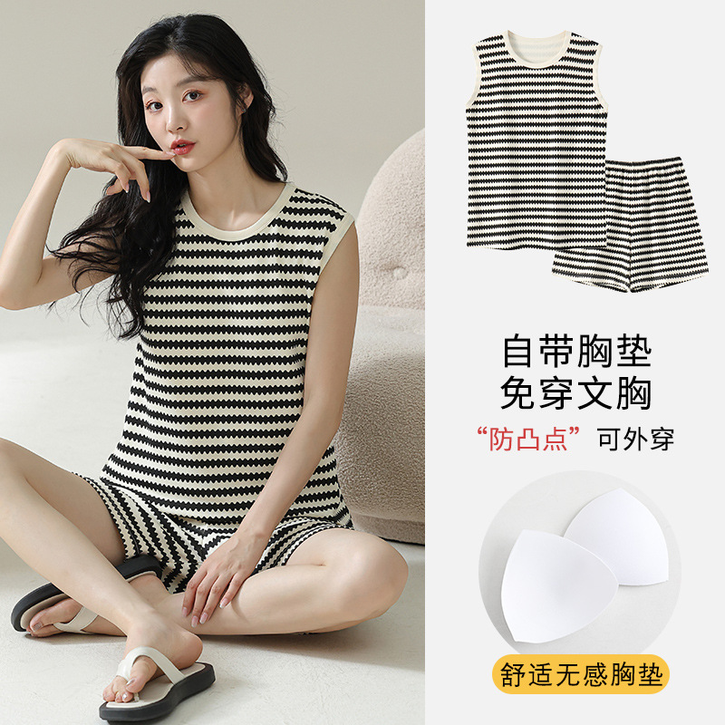 2025 summer new [with chest pad] comfortable cotton sense pajamas women's vest casual shorts home clothes can be worn outside