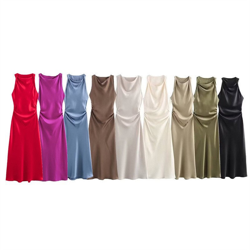 Foreign Trade 2025 Summer New European and American Fashion Round Neck Sleeveless Black Silk Satin Texture Dress for Women 8372090 Foreign Trade 2025 Summer New European and American Fashion Round Neck Sleeveless Black Silk Satin Texture Dress for Women 8372090