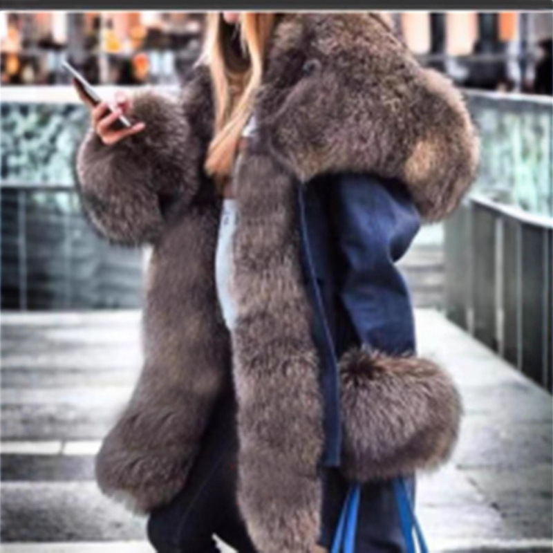 Ins Aliexpress Lazadawish Imitation Crystal Fox Fur Long Hooded Coat with Fur Collar for Elegant Commuting