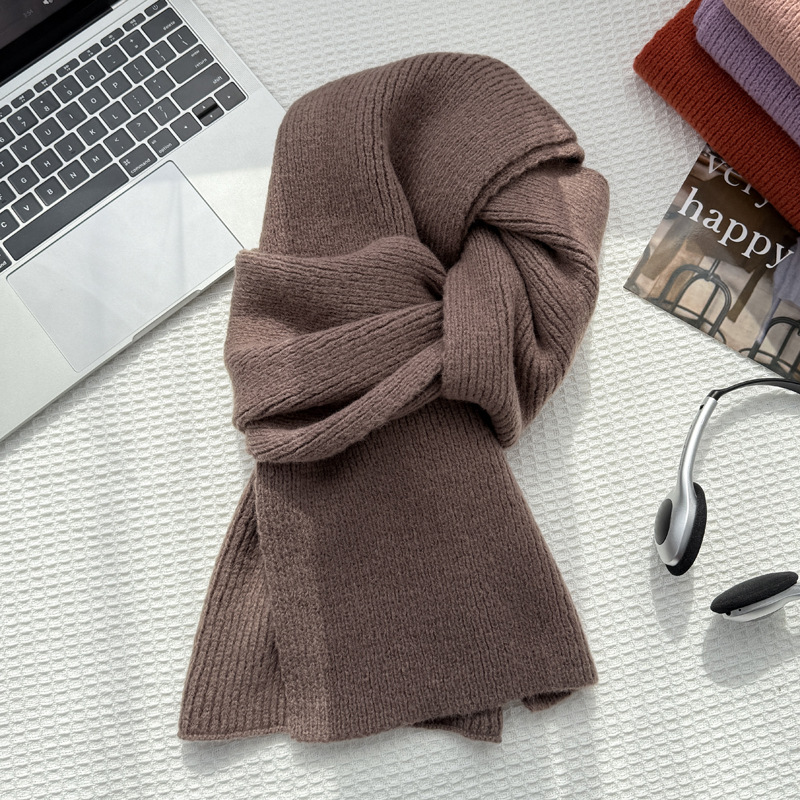 韩系氛围感纯色针织毛线围巾女秋冬季仿羊绒冬天保暖小围脖男批发