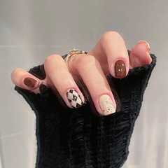 Wearing nail art, French short caramel color checkerboard light luxury finished nail plate wholesale nail sticker, jelly glue