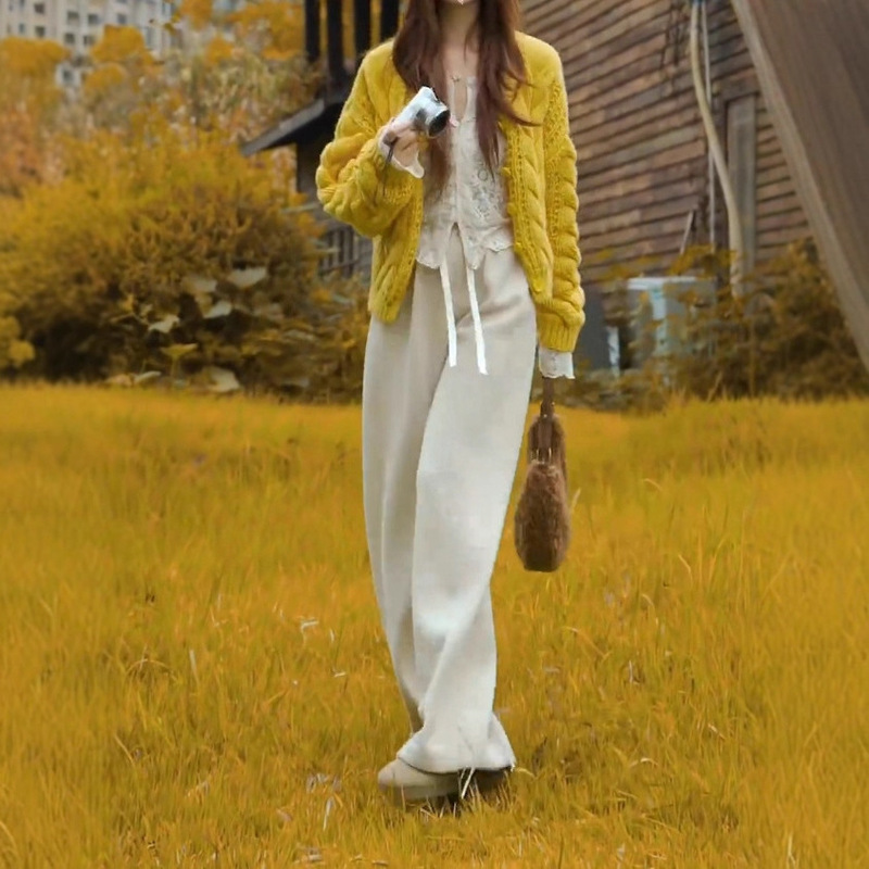 V-Neck Single-Breasted Knitwear + Cut Out Splicing V Neck Lace Top + Elastic Wide-Leg High-Waisted Loose Casual Pants