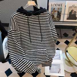 日系拼接条纹连帽针织毛线衣男士2024年冬季设计感宽松韩系毛衣潮