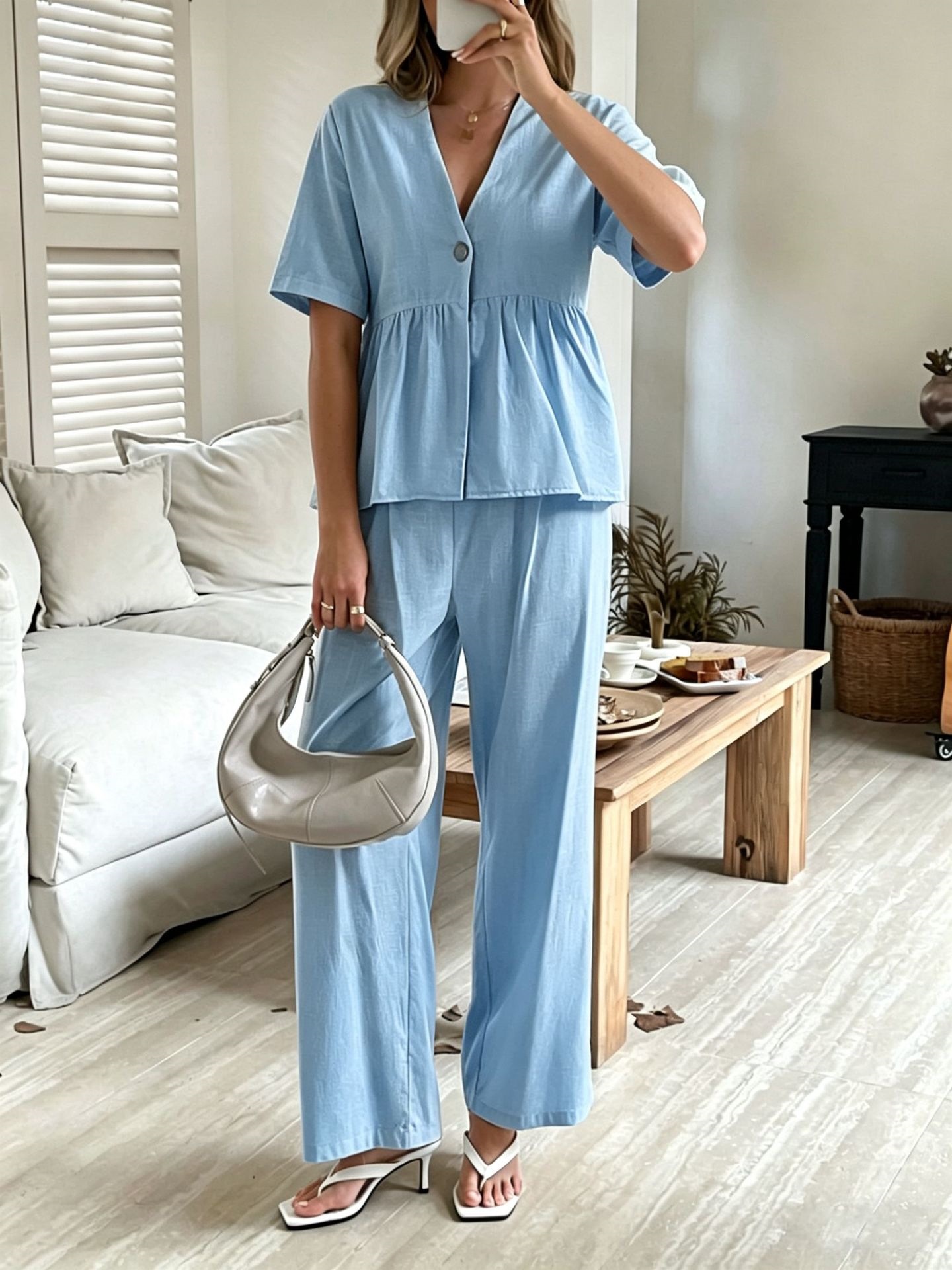 Women's Clothing Fashion Elegant Two Piece Set V Neck Loose Short Sleeved Top And Wide Leg Pants For Formal & Casual For Women_ecoleips.com