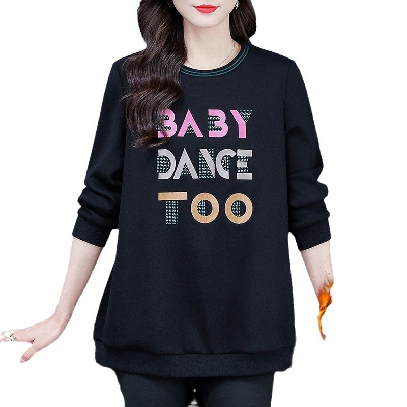 Add velvet warm autumn and winter new long sleeve loose large size fat MM foreign print middle-aged and elderly women's hoodie top