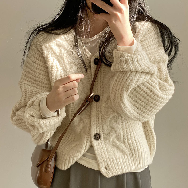 South Korea Chic Autumn Simple Lazy Style V-Neck Bubble Sleeve Hemp Pattern Loose Knitted Cardigan Sweater Coat for Women