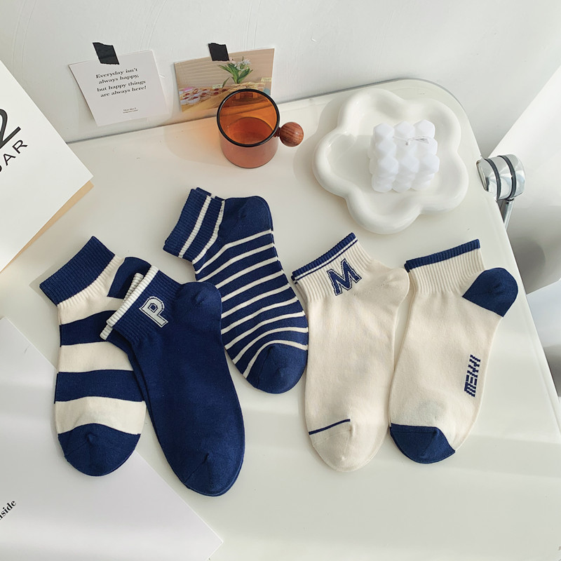 Spring and Summer new socks simple letters Klein blue combed cotton boat Socks personality trend navy style women's socks