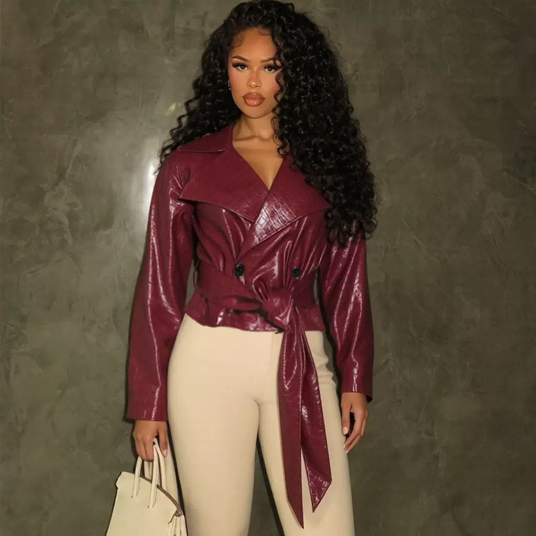 跨境欧美风2025秋冬新款性感修身翻领长袖纯色绑带气质pu外套女装