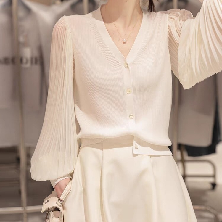 High Quality Duplex Material Ice Silk Knitted Cardigan Stitching Chiffon Sleeves