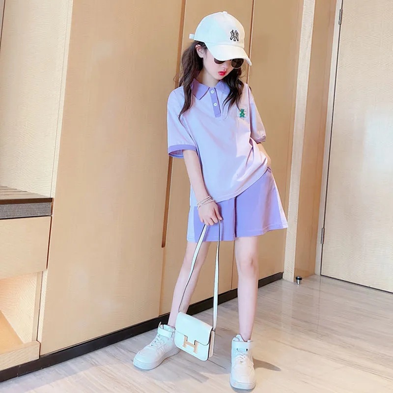 Girls Summer Sports Suit 2025 New Style Medium and Large Children Summer Internet Celebrity Short-Sleeved Shorts Preppy Two-Piece Set