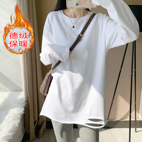 Women's Loose and Slimming Long Sleeve T-shirt with Holes, Mid-Length, Innerwear, 2025 Autumn/Winter, Fleece Lined and Thickened Crew Neck Top
