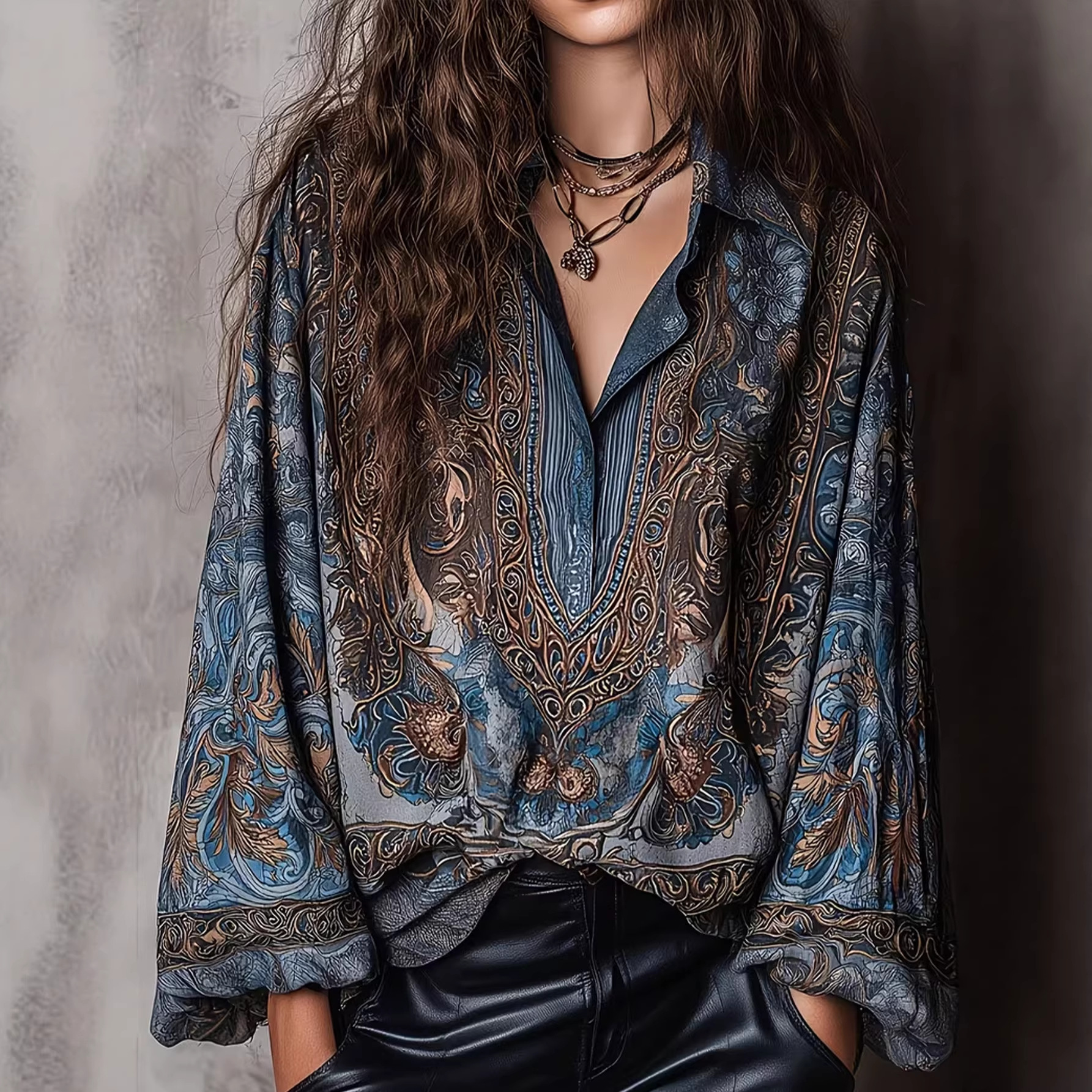 2026 Spring/Summer New European and American Cross-Border Fashion V-Neck Printed Loose-Fit Flattering High-End Vintage Long-Sleeve Top