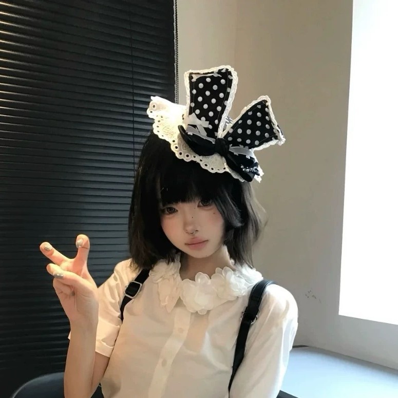 蝴蝶结花边波点兔耳洛丽塔配饰帽子春夏可爱发卡头饰甜美少女发夹|undefined