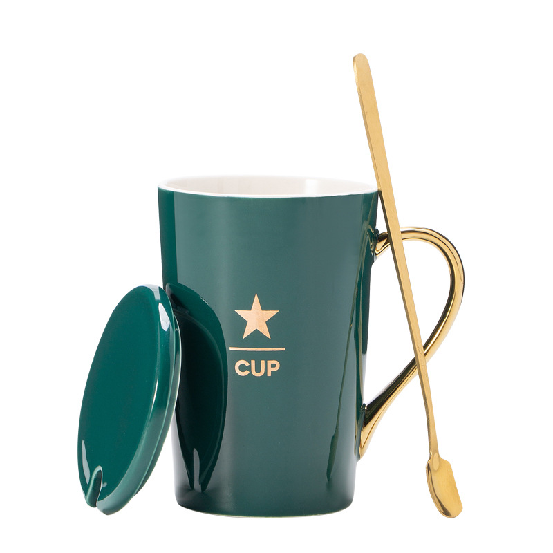 Taza de cerámica de oro taza de café taza de estampado nórdica ins taza de agua con cubierta de cuchara bolsa de regalo LOGO grabado
