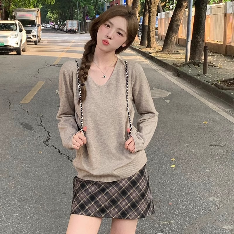温柔软糯V领韩系针织打底衫女春秋冬季宽松内搭上衣复古百搭毛衣|undefined
