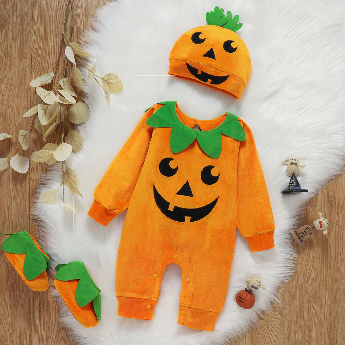 Ropa exclusiva transfronteriza para niños mono de bebé de Halloween sombrero de calabaza europeo y americano mameluco de manga larga traje de tres piezas