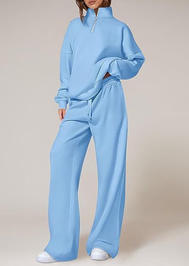 2025秋欧美亚马逊女装休闲前拉链大翻领长袖宽松阔腿长裤运动套装|undefined