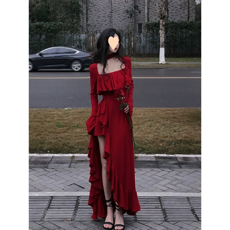 Французское романтическое красное платье с большой юбкой в ​​стиле Хепберн для женщин, летняя художественная длинная юбка высокого класса в тайском стиле