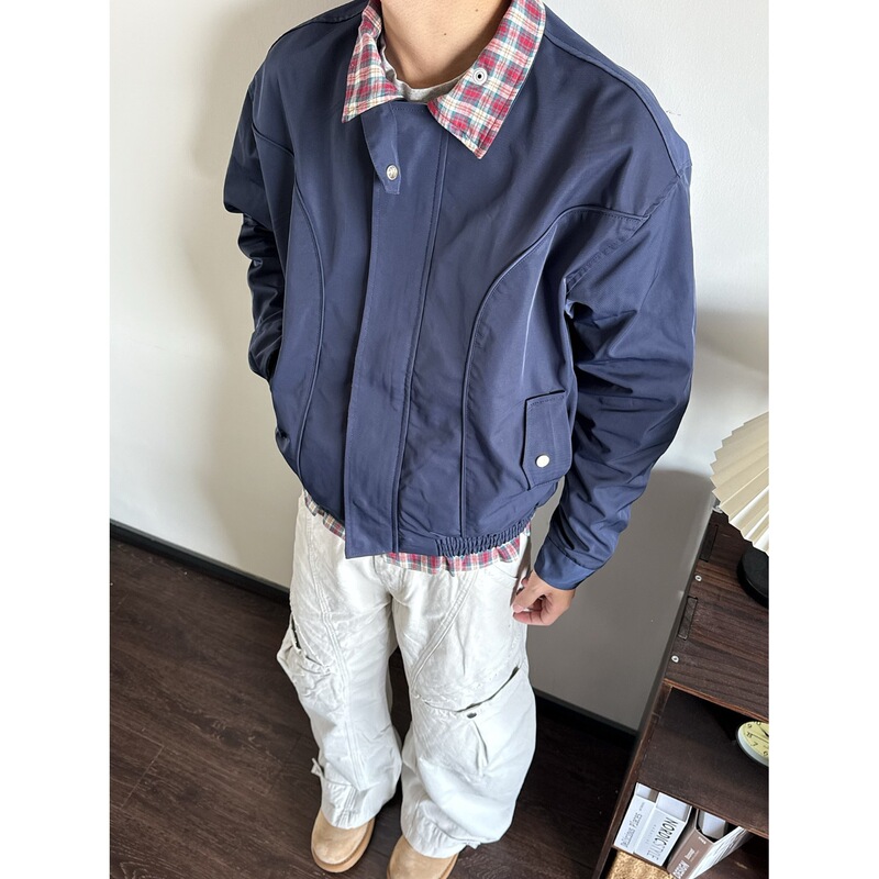 Men's Autumn Loose Casual American Retro Couple's Workwear Pilot Harrington Navy Blue Turn-down Collar Jacket Men's Autumn Loose Casual American Retro Couple's Workwear Pilot Harrington Navy Blue Turn-down Collar Jacket