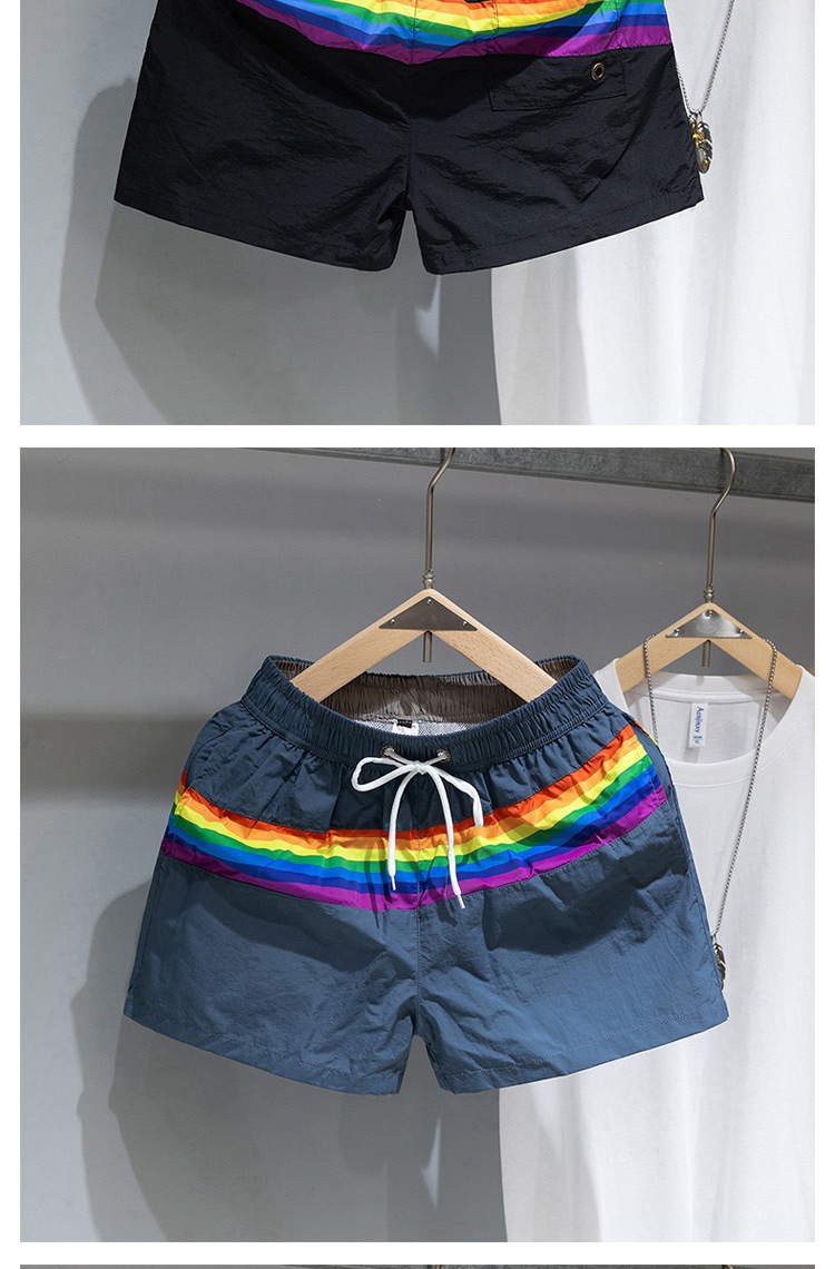 Men's Trendy Beach Shorts Loose Fit Rainbow Stripe Casual Sports Fashion Three Quarter Length Summer Bottoms_viptrois.com