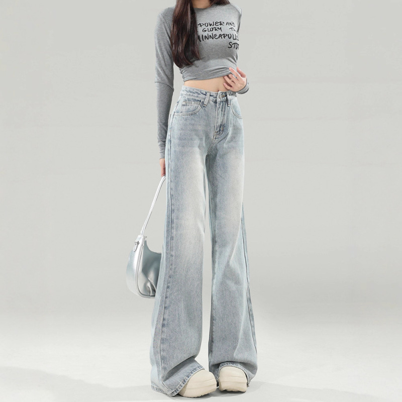 High-Waisted Light-Colored Flared Jeans for Women, Spring and Autumn New Style, Trendy Loose Bell-Bottom Floor-Length Pants High-Waisted Light-Colored Flared Jeans for Women, Spring and Autumn New Style, Trendy Loose Bell-Bottom Floor-Length Pants