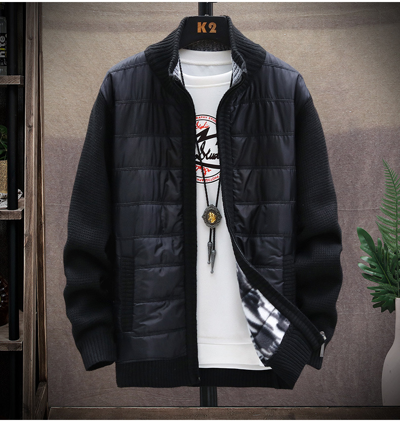 Men's Velvet Patchwork Cardigan Stand-up Collar Jacket Slim Fit_voghion.com