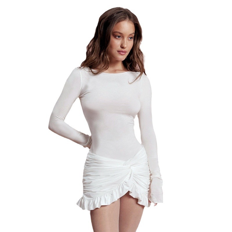 2024 otoño transfronterizo ropa de mujer europea y americana nueva moda cuello redondo manga larga delgado plisado torcido bolso corto vestido de cadera image 6