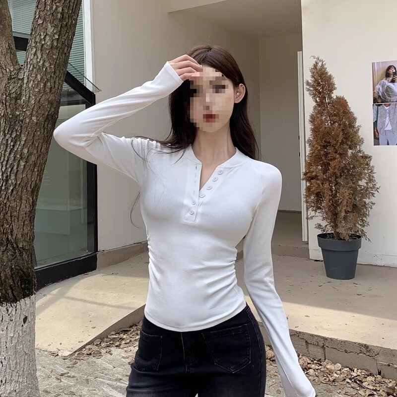 [40 Count Pure Cotton Ribbed 95 Cotton 5 Spandex] Buttoned Autumn and Winter Slim Fit Top Raglan Long-Sleeved T-Shirt