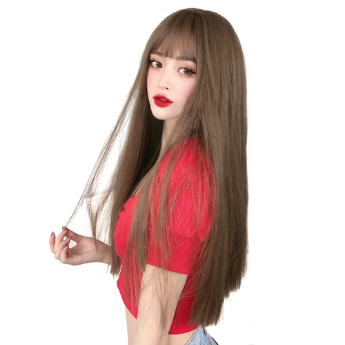 Wig for women long straight hair stage performance cosplay natural full headgear black long straight hair with air bangs 