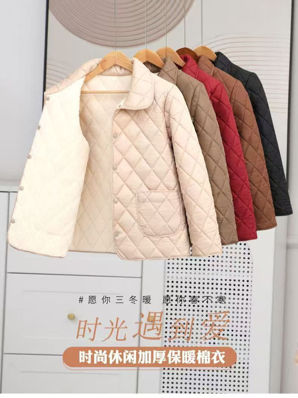 加厚保暖棉衣女娃娃领尼丝纺长袖外套冬季新款菱形格子加绒妈妈棉|undefined