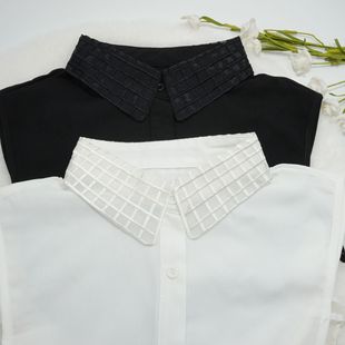Simple Rhombus Plaid Chiffon Shirt with Fake Collar for Women, Convenient Removable Decorative Collar, Direct Supply from Cross-Border Manufacturers
