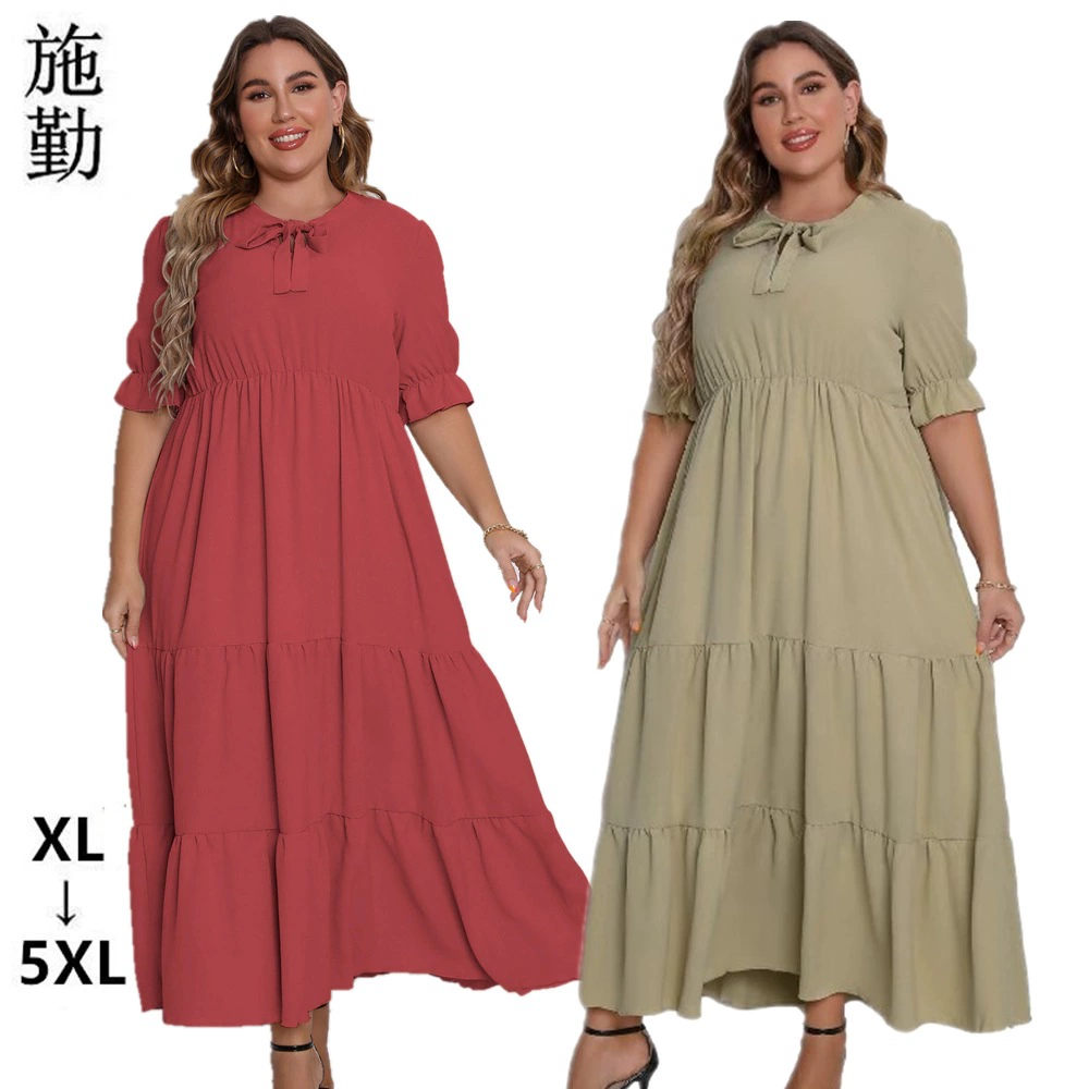 Amazon Трансграничная внешняя торговля большой размер женская летняя новая модель с круглым вырезом с коротким рукавом платье с бантом SQ0176