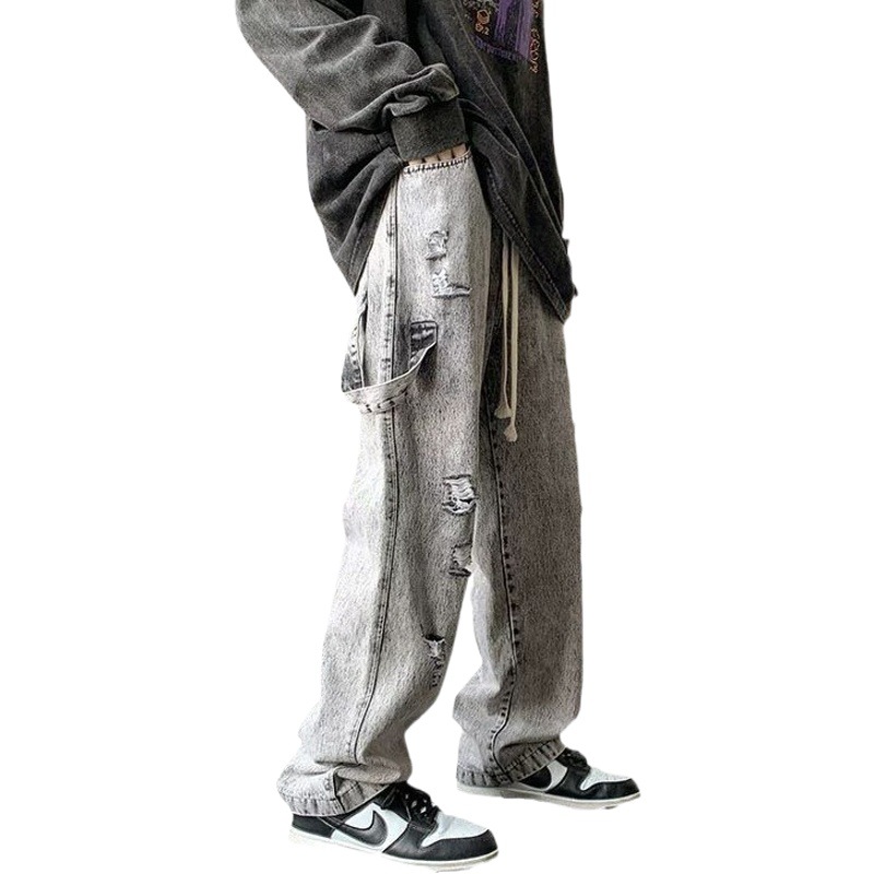 Oldschool pantalones americanos hombres Pu guapo de alto grado deshilachado lavado jeans rasgados marca de moda ins hombres de la calle