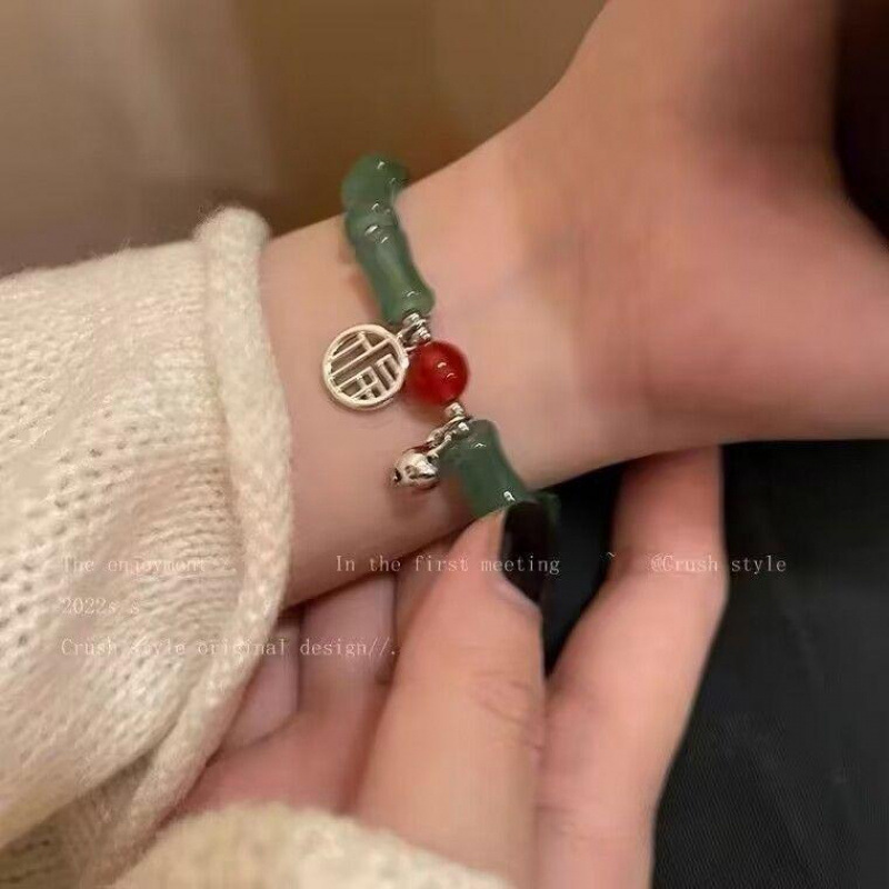 S004-green bamboo red bead bracelet with blessings # Sz129