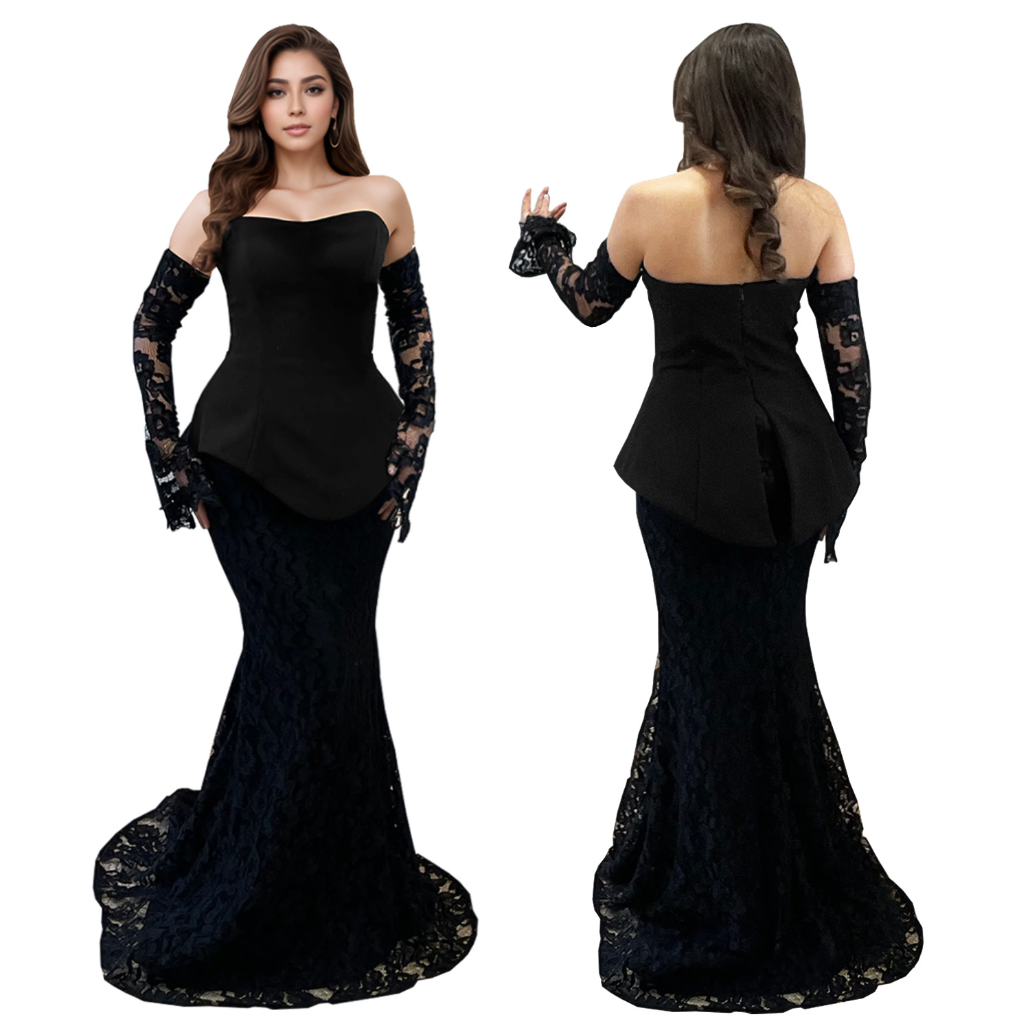 C7299 Cross-border AliExpress Amazon Moda europea y americana para mujer Traje de dos piezas de falda larga de encaje transparente superior de tubo sexy