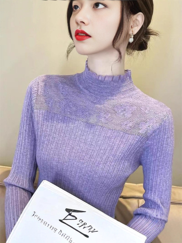 春秋打底衫女2025新款洋蕾丝毛衣针织衫洋气百搭长袖套头上衣纯色|undefined