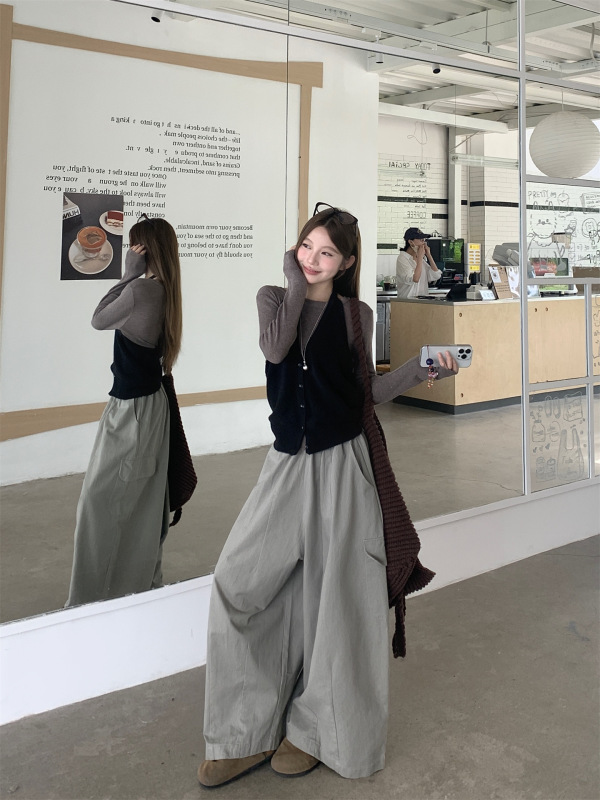 黑色v领针织挂脖背心叠穿打底衫女秋季穿搭套装休闲阔腿裤三件套|undefined
