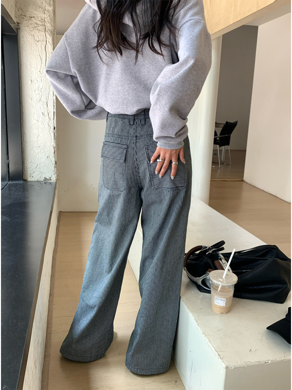 广州黄峥早秋穿搭休闲裤蓝色条纹阔腿裤女宽松百搭直筒裤子530871|undefined