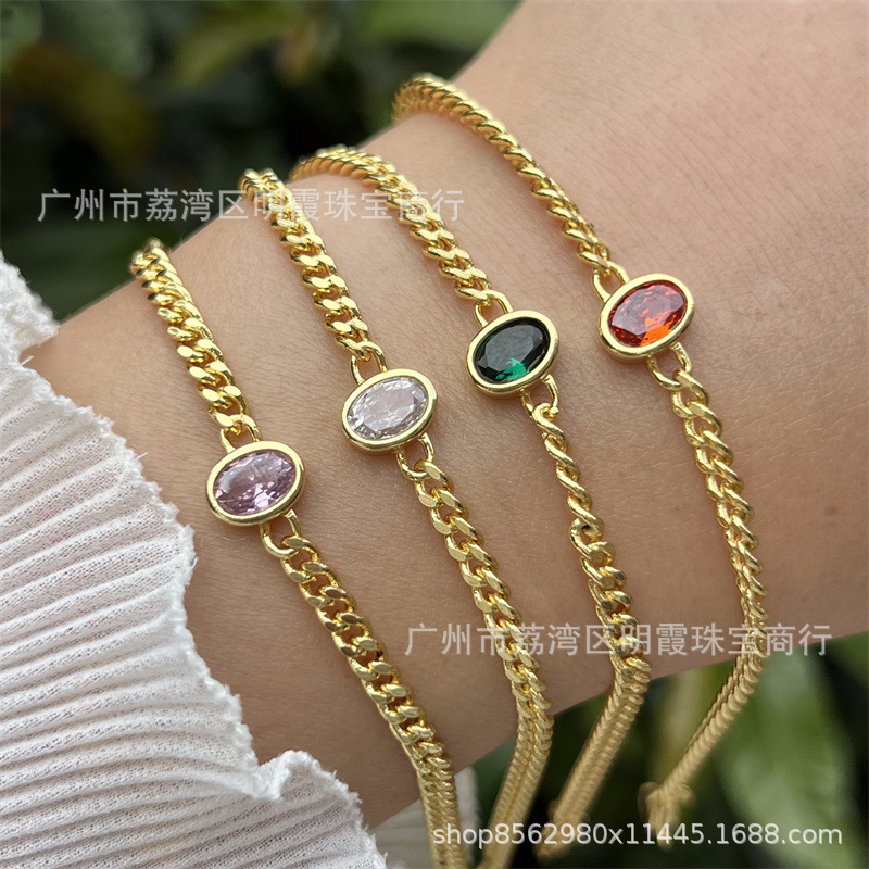 18K gold-plated copper oval zircon original design handmade bracelet, classic, simple, everyday
