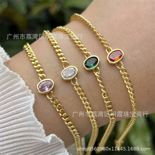 18K gold-plated copper oval zircon original design handmade bracelet, classic, simple, everyday