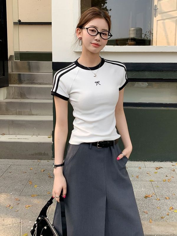 ホワイトラウンドネックラグラン半袖Tシャツレディース夏甘くてクールなスリムリボンコントラストカラーショルダースリーストライプストップTシャツ|undefined