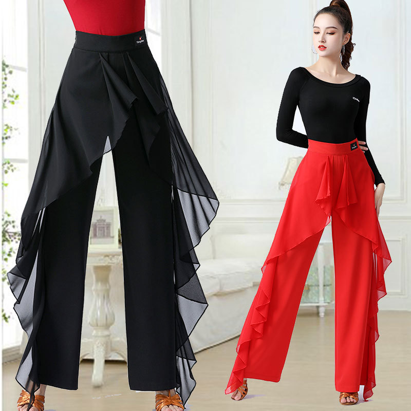 Guoguo No No Latin Dance Modern Dance Pants Women's High Waist Ruffle Wide Leg Trousers Jitterba Friendship Practice Clothes Guoguo No No Latin Dance Modern Dance Pants Women's High Waist Ruffle Wide Leg Trousers Jitterba Friendship Practice Clothes
