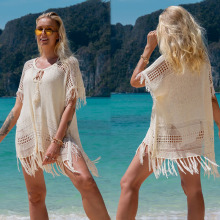 跨境欧美新款沙滩罩衫镂空针织流苏罩衫比基尼泳衣女度假装亚马逊