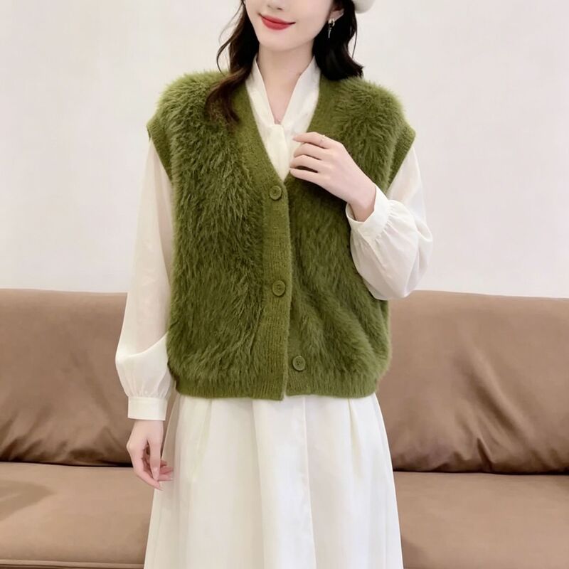 Cross-Border Imitation Mink Velvet Green Vest for Women, New Autumn and Winter V-Neck Solid Color Button Vest, Foreign Trade Casual Style Top