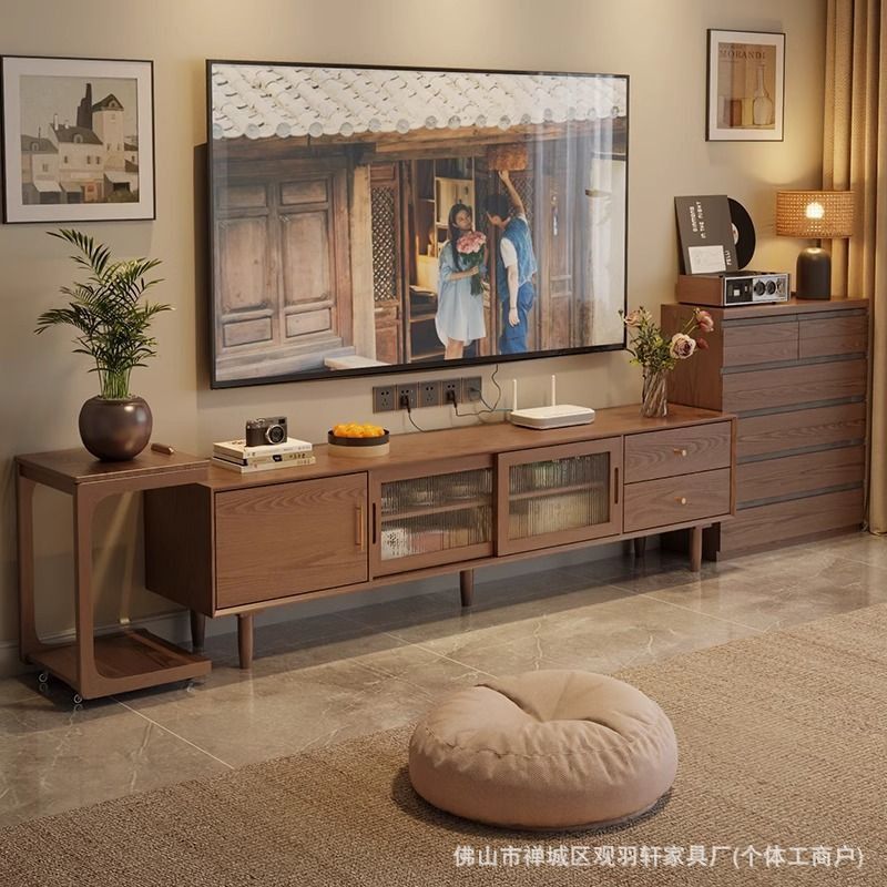 实木电视机柜收纳储物小户型一体客厅家用中古风茶几组合落地边柜