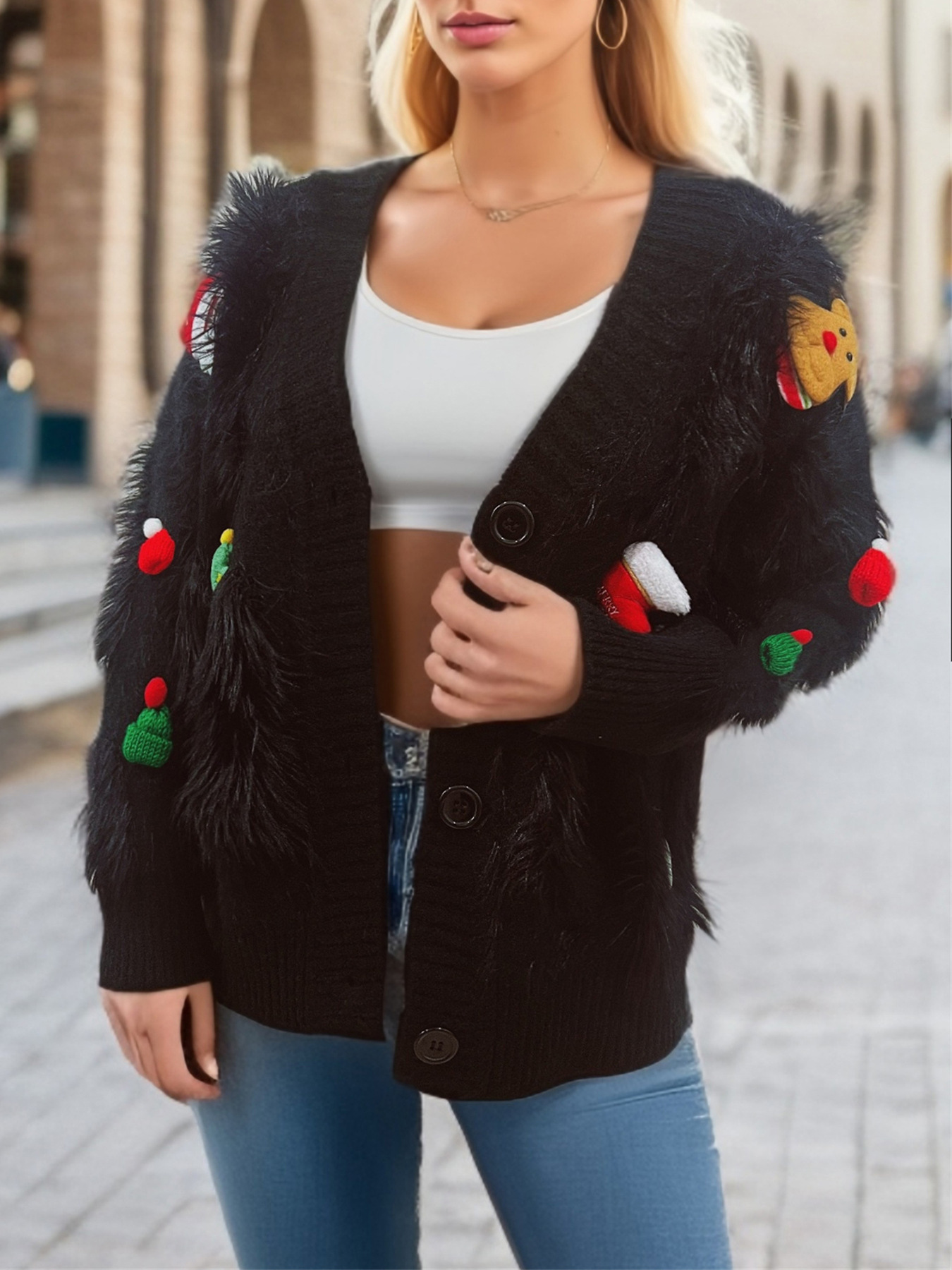 Damen Weihnachtskardigan In Rot Mit Nerzoptik Und Applikation_voghion.com