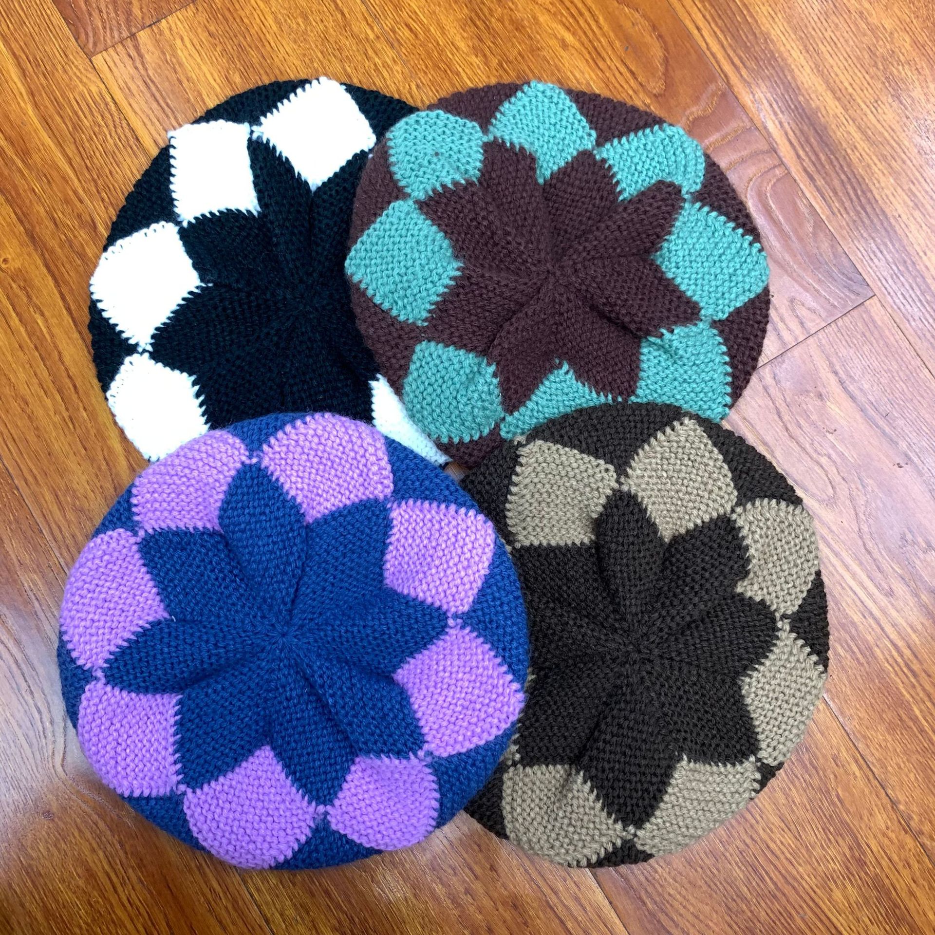 手工全羊毛撞色贝雷帽女秋冬新款卷边毛线帽显脸小拼色针织帽冷帽