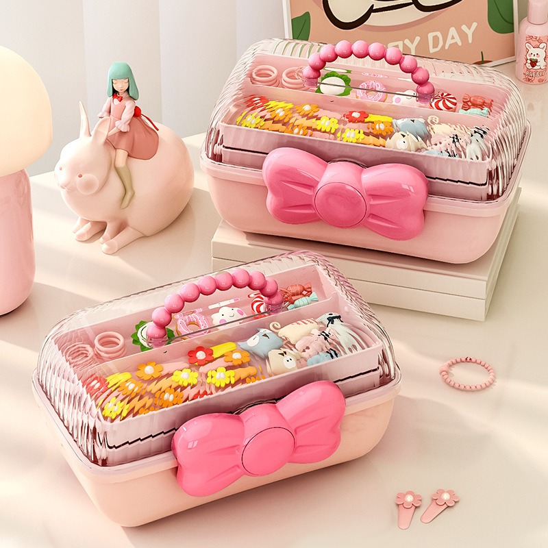 Bow Storage Box Household Cute Children's Hair Accessories Storage Three-Layer Deck Suitcase Goo Card Finishing Dust-proof Box