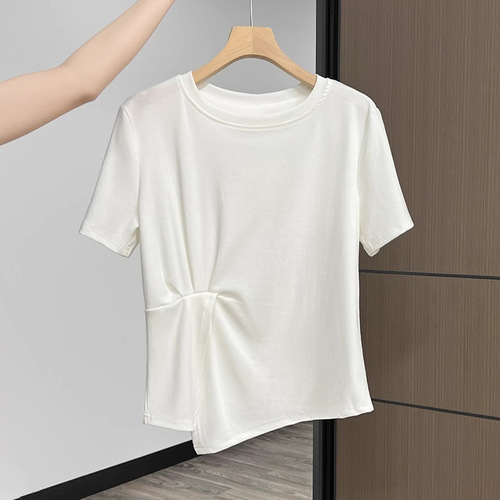 Asymmetrical design in summer pure cotton versatile belly covering and slimming short-sleeved T-shirt women's solid color top ins