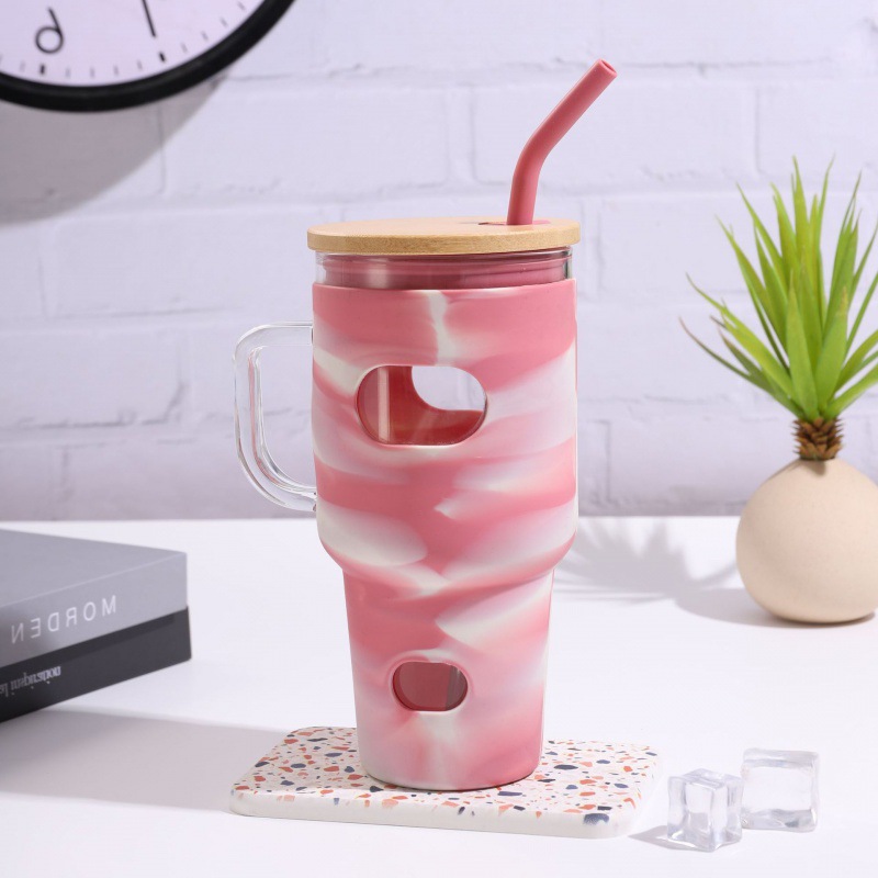 Taza de vidrio de 30oz, cubierta de silicona a prueba de caídas, taza de paja de gran capacidad con mango, taza de menú de hielo